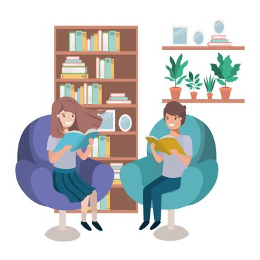 oturma odası avatar karakteri kitap ile çocuk çift