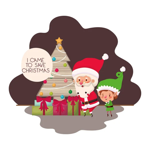 Kerstman en elf met kerstboom en geschenken — Stockvector