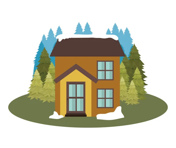 House with pine trees and snow isolated icon — Stock Vector