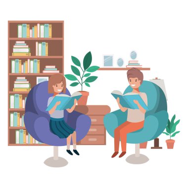 oturma odası avatar karakteri kitap ile çocuk çift