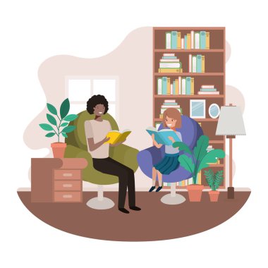 oturma odası avatar karakteri kitap ile baba ve kızı