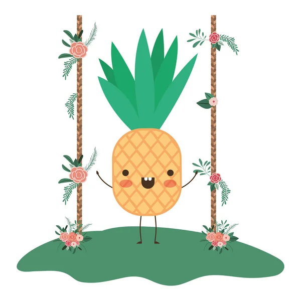 Schattig ananas in de tuin kawaii karakter — Stockvector