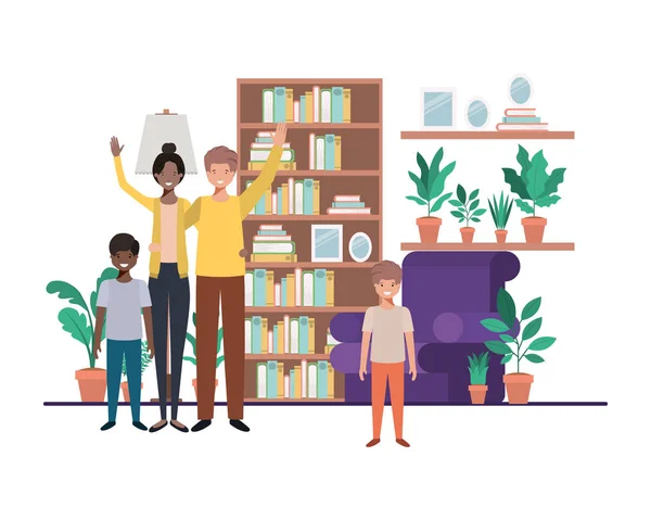 Famiglia in soggiorno con personaggio avatar biblioteca — Vettoriale Stock