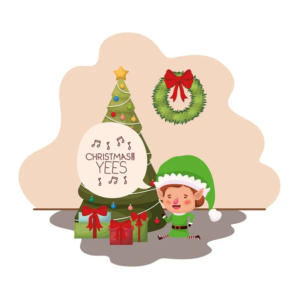 Elfe avec arbre de Noël et cadeaux — Image vectorielle