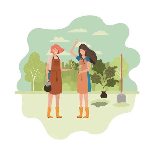 Ženy zahradníci s krajinou avatar charakter — Stockový vektor
