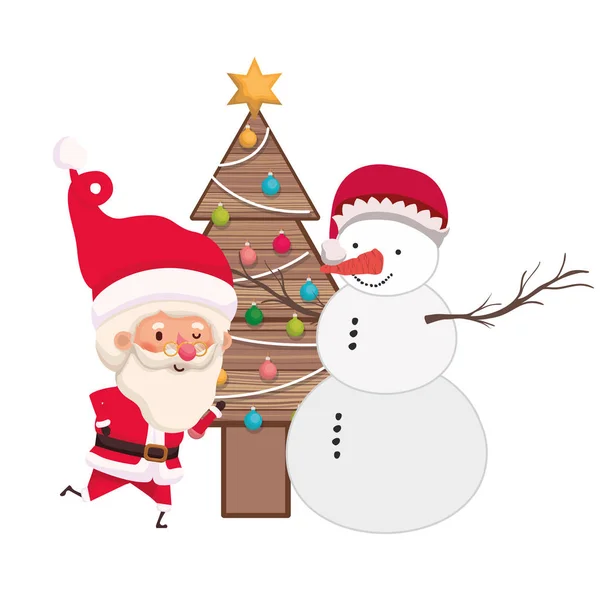 Santa claus met kerstboom en sneeuwpop — Stockvector