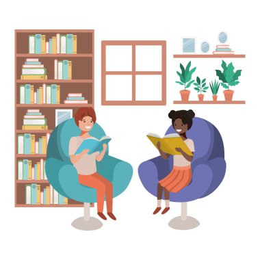 oturma odası avatar karakteri kitap ile çocuk çift