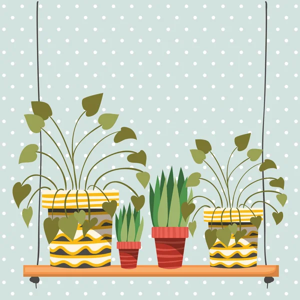 Plantas de interior en perchas de macramé y columpio — Vector de stock