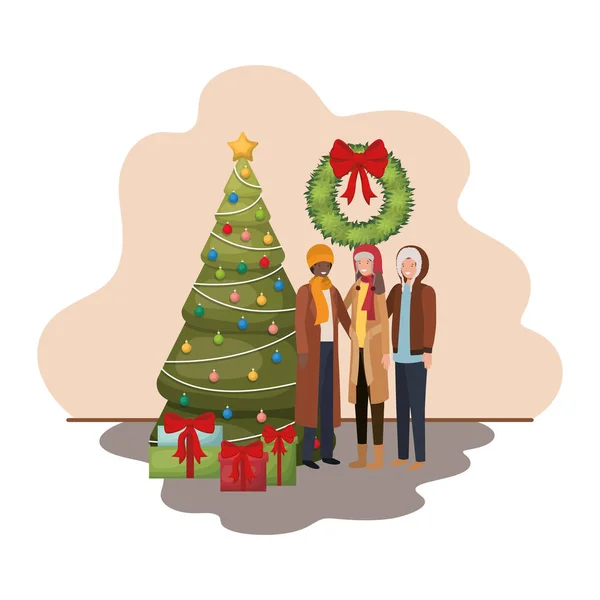Pár s vánočním stromkem a dárky — Stockový vektor