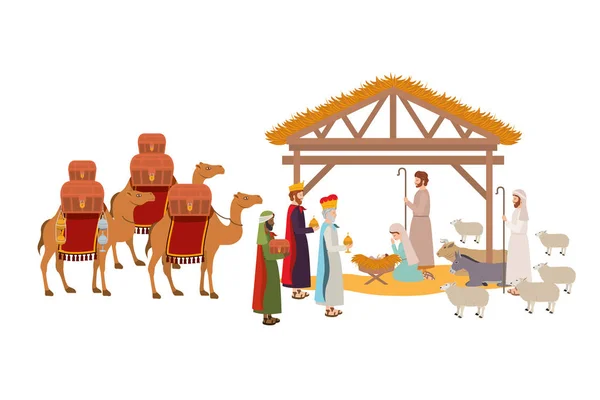 Familia santa en establo con reyes sabios pesebre — Vector de stock