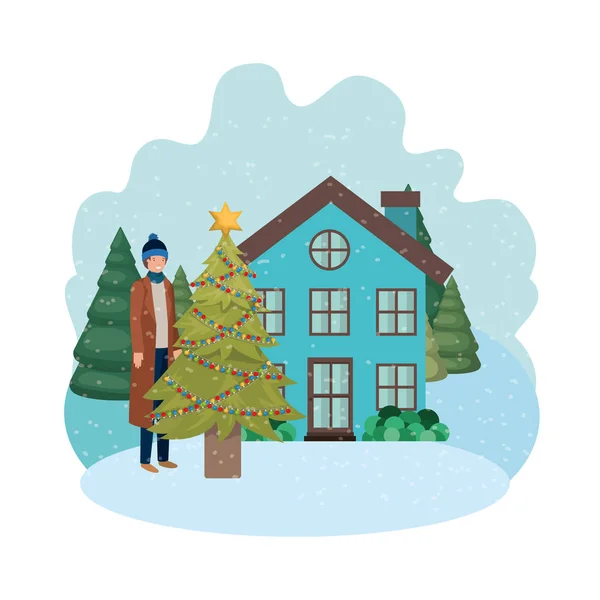 家の外にクリスマスツリーを持つ男 — ストックベクタ