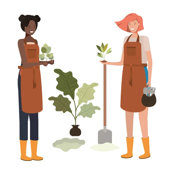 Giovani donne giardinieri sorridente personaggio avatar — Vettoriale Stock