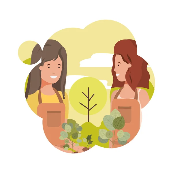 Женщины-садовники с характером ландшафтного аватара — стоковый вектор