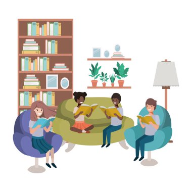 oturma odası avatar karakteri kitap ile insanların grubu
