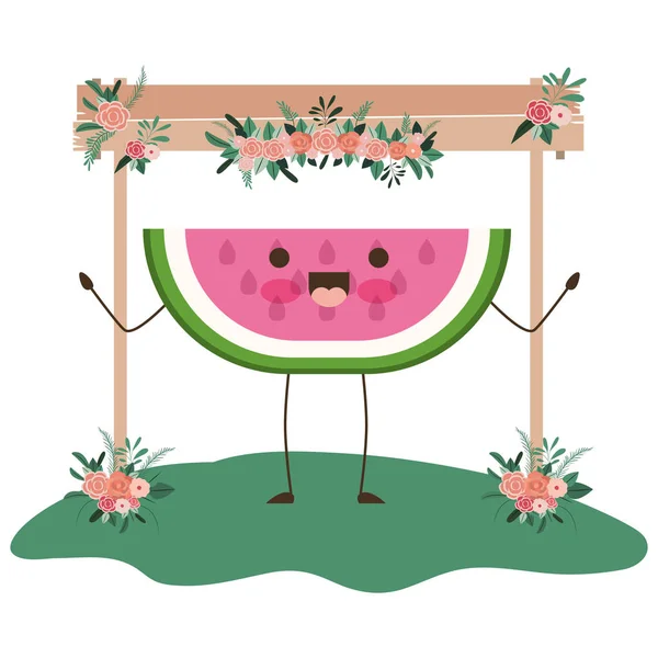 Lindo sandía en el jardín kawaii carácter — Vector de stock