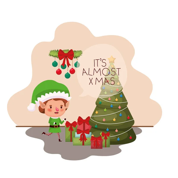Elfo con árbol de Navidad y regalos — Vector de stock
