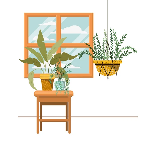 Plantas de interior en perchas de macramé y mesa — Vector de stock