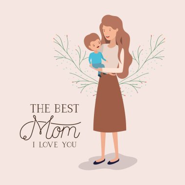 anne ve oğlu yapraklar taç ile anneler gün kartı