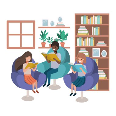 oturma odası avatar karakteri kitap ile insanların grubu