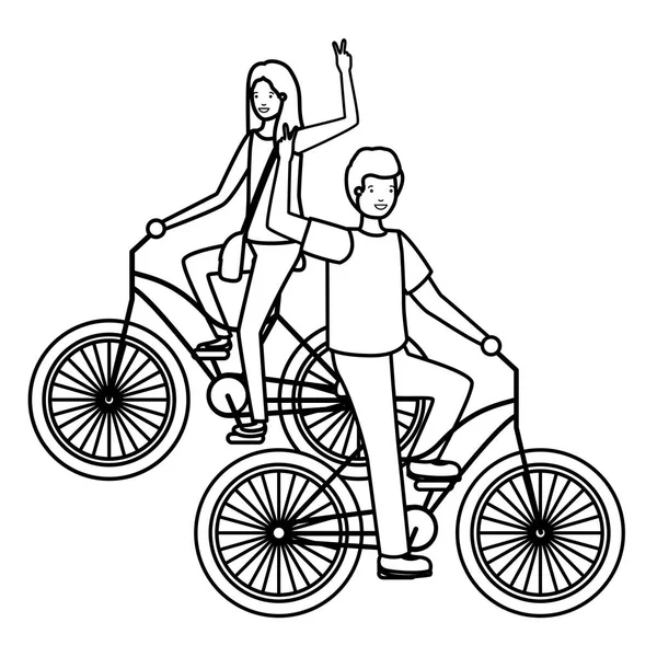 Jeune couple dans des personnages de vélo — Image vectorielle