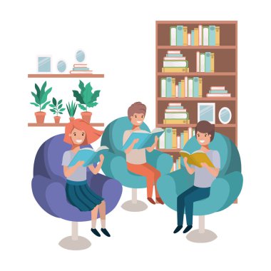 oturma odası avatar karakteri kitap ile insanların grubu