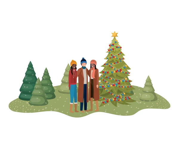 Група людей з різдвяною ялинкою в ландшафті — стоковий вектор