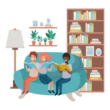 oturma odası avatar karakteri kitap ile insanların grubu