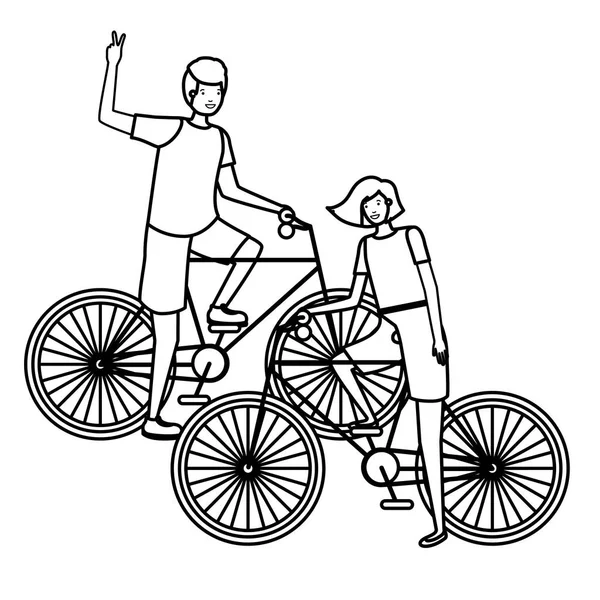 Jeune couple dans des personnages de vélo — Image vectorielle