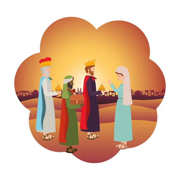 Reyes sabios con María virgen pesebre caracteres — Vector de stock