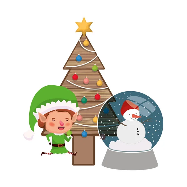 Elfe avec arbre de Noël et boule de cristal — Image vectorielle
