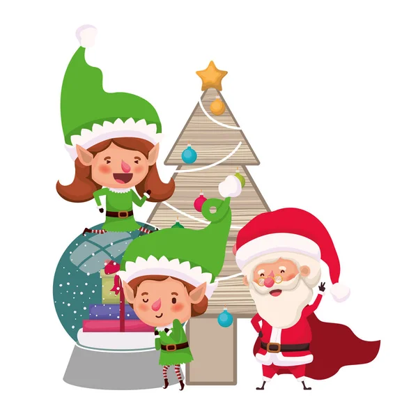 Paar Elfen en kerstman met kerstboom — Stockvector