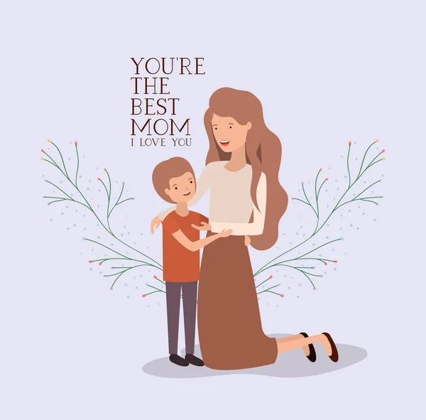 Tarjeta de día de las madres con corona de hojas de madre e hijo — Vector de stock