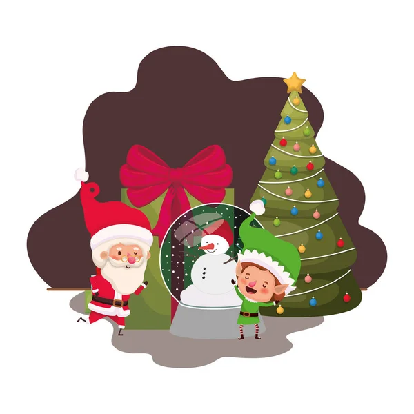 Weihnachtsmann und Elfe mit Weihnachtsbaum — Stockvektor