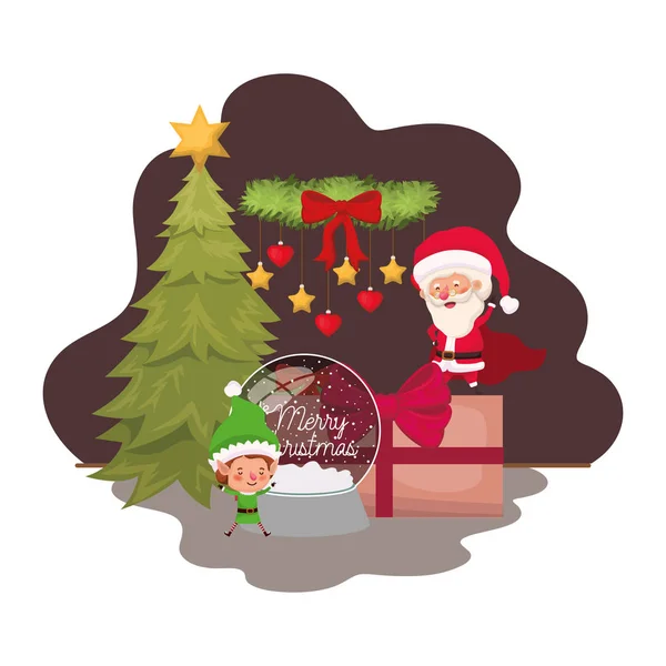 Kerstman en elf met kerstboom — Stockvector