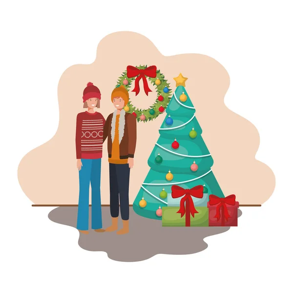 Couple avec arbre de Noël et cadeaux — Image vectorielle