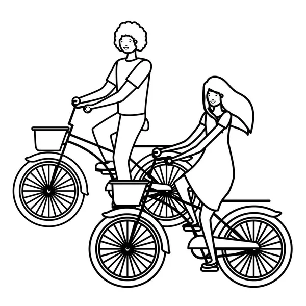 Jeune couple dans des personnages de vélo — Image vectorielle