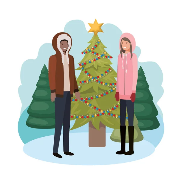 Пара с рождественской елкой в пейзаже — стоковый вектор