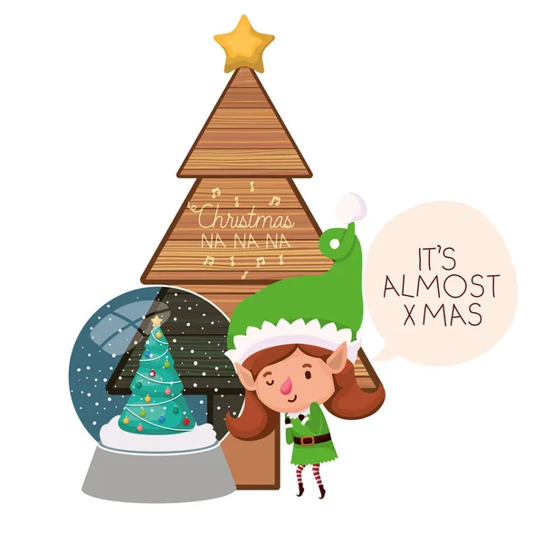 Elfo mulher com árvore de natal e bola de cristal — Vetor de Stock