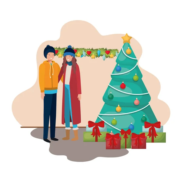 Pár s vánočním stromkem a dárky — Stockový vektor