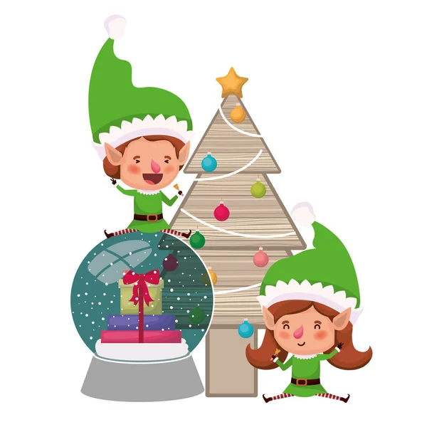 Couple d'elfes avec arbre de Noël — Image vectorielle