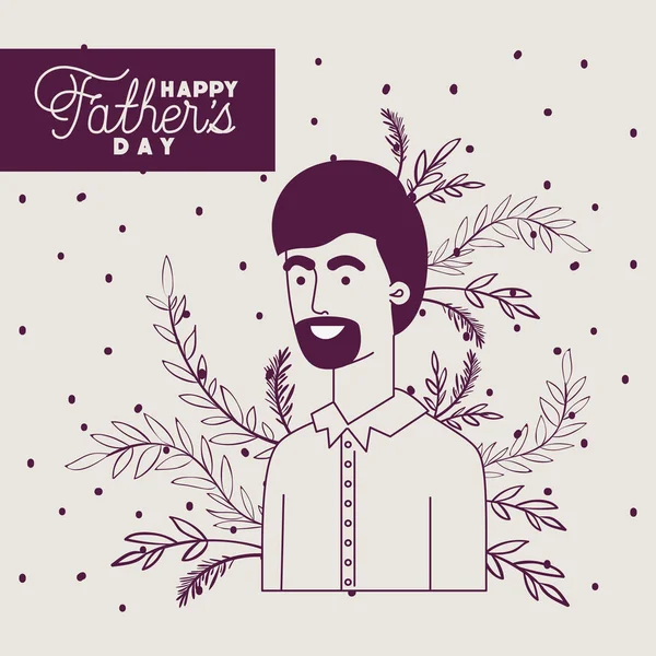 Happy fathers day card with dad and leafs plant decoration — Stock Vector