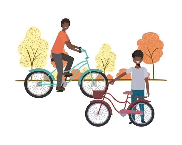 Padre e figlio con bicicletta nel paesaggio — Vettoriale Stock