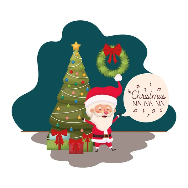 Santa claus avec arbre de Noël et cadeaux — Image vectorielle
