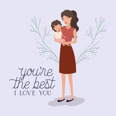 anne ve kızı yapraklar taç ile anneler gün kartı