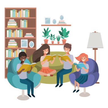 oturma odası avatar karakteri kitap ile insanların grubu