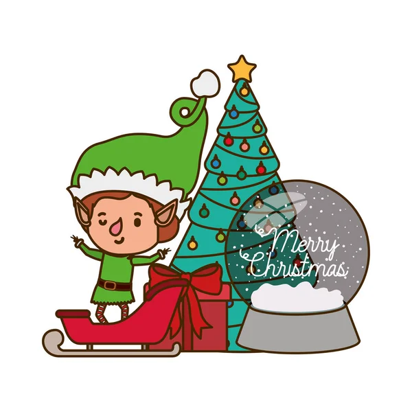 Elfo con trineo y carácter avatar árbol de navidad — Vector de stock