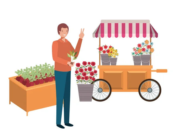 Vendedor homem de flores em caráter avatar loja quiosque — Vetor de Stock