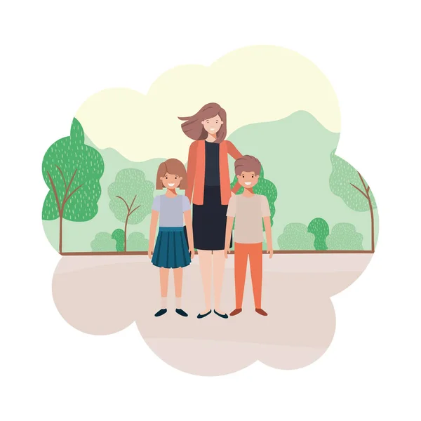 Mamá con niños en el carácter avatar paisaje — Vector de stock