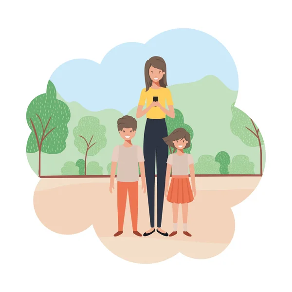 Mama z dziećmi w krajobraz avatar charakter — Wektor stockowy