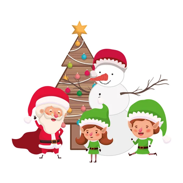 Par älvor och jultomten med snögubbe — Stock vektor